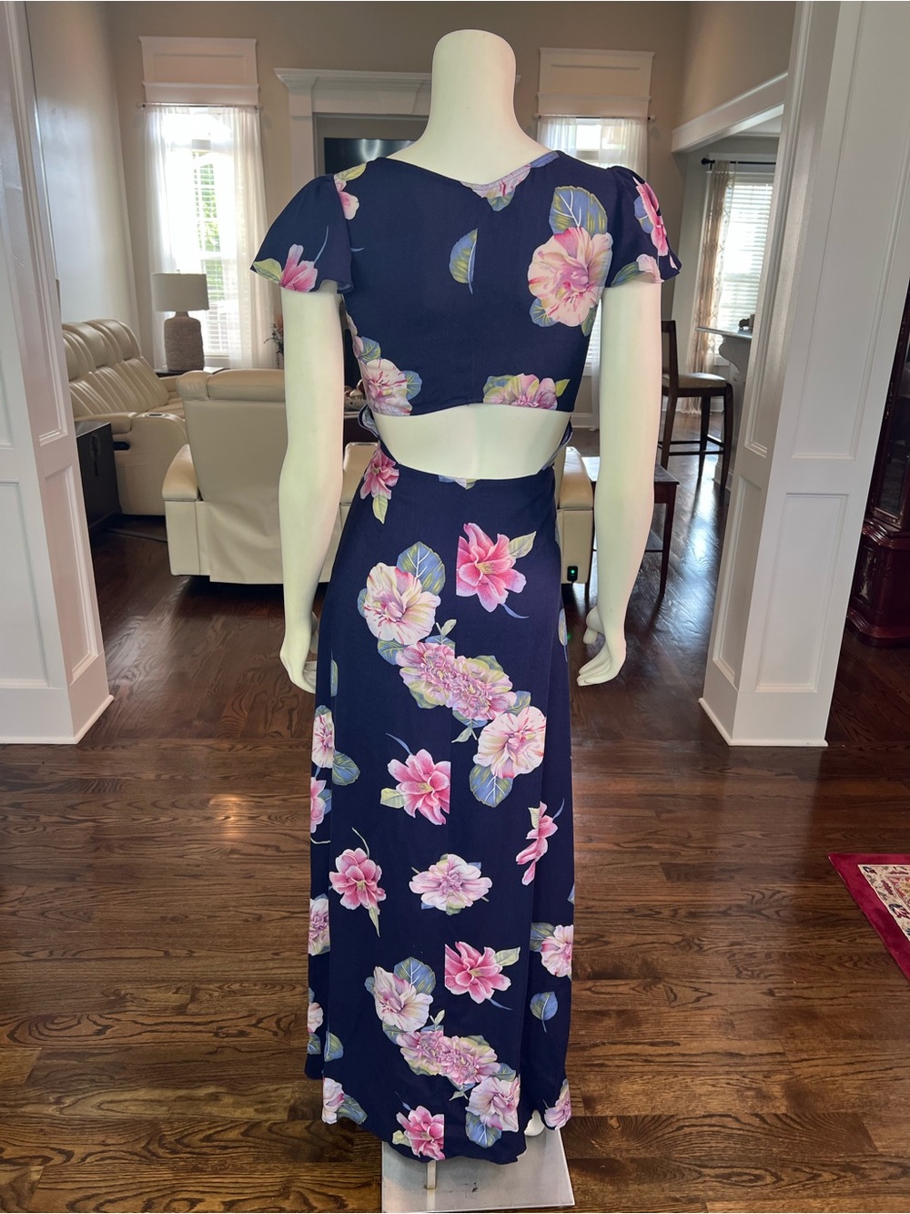 Reformation Navy Floral Tie-Front Maxi Dress with Pink Blooms - Picture 8 of 15
